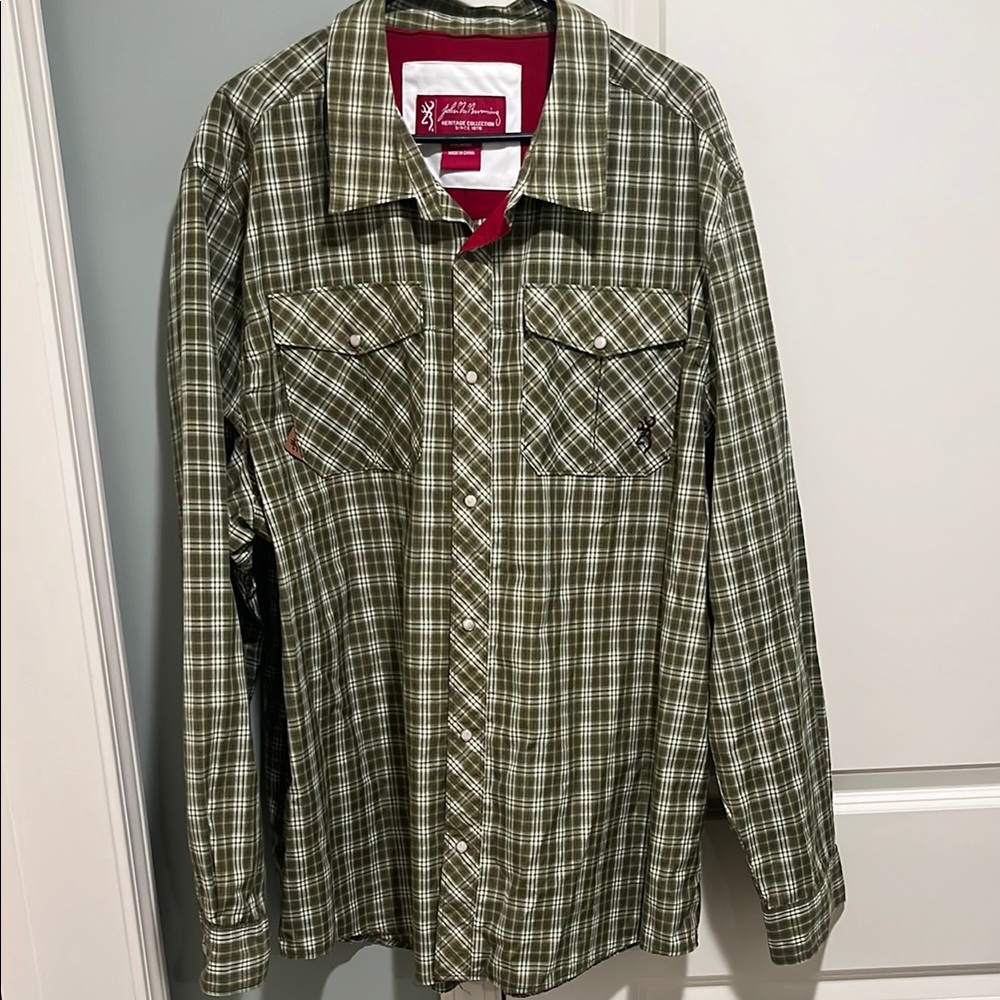 Rare Browning XXL Green Plaid Pearl Snap